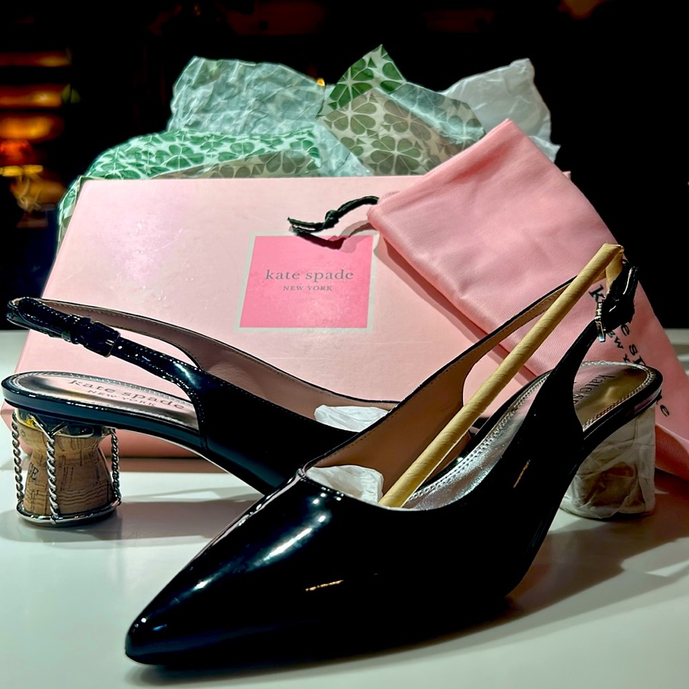 Kate Spade Soiree Black Patent “champagne cork” slingback heels New